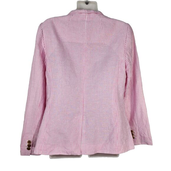 Talbots Woman Aberdeen Blazer Jacket Size 6 Linen Blend Pink Stripes Pockets - Picture 2 of 12
